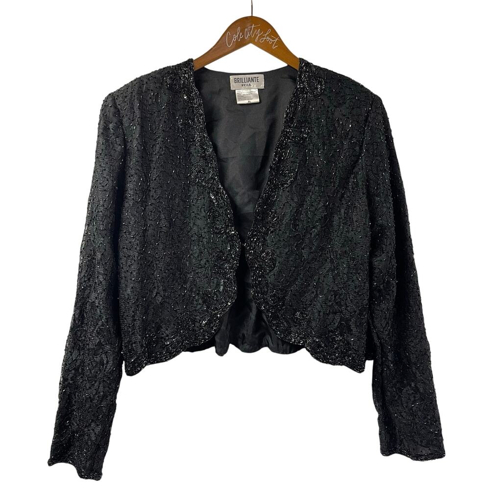 Black Lace Beaded Crop Jacket Bolero XL Brilliante by J.A.